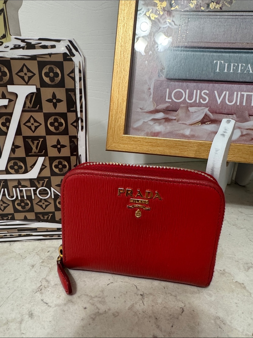 Prada Red Textured Leather Zip card/coin pouch wallet